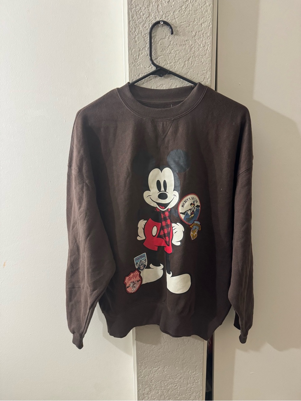 Disney Brown Mickey Mouse Patch Graphic Crewneck Sweatshirt Womens